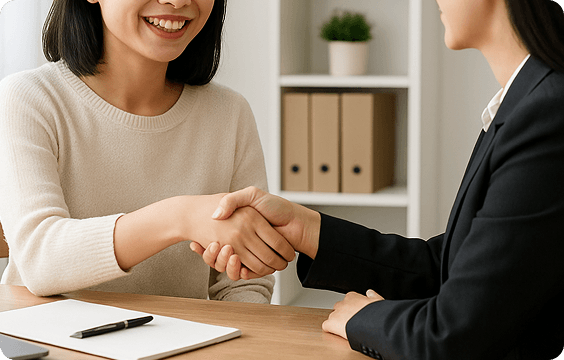 Happy female Chinese client doing handshake with consultant 1