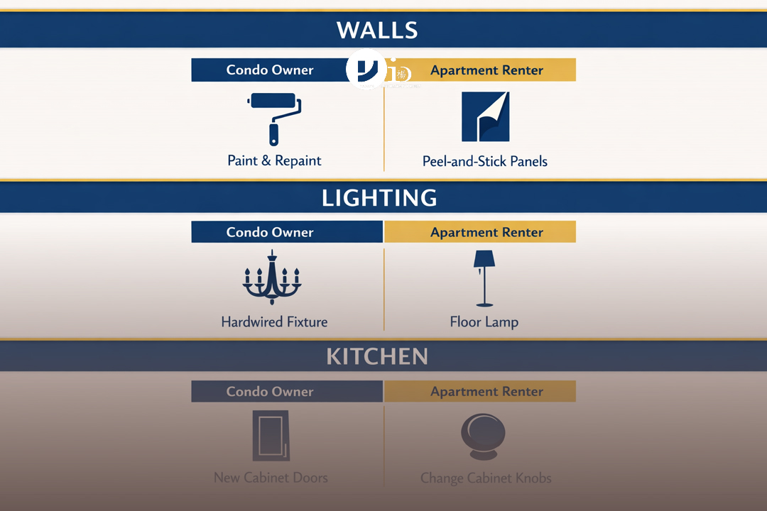 An infographic table comparing condo vs apartment interior design choices for walls, lighting, and kitchens.