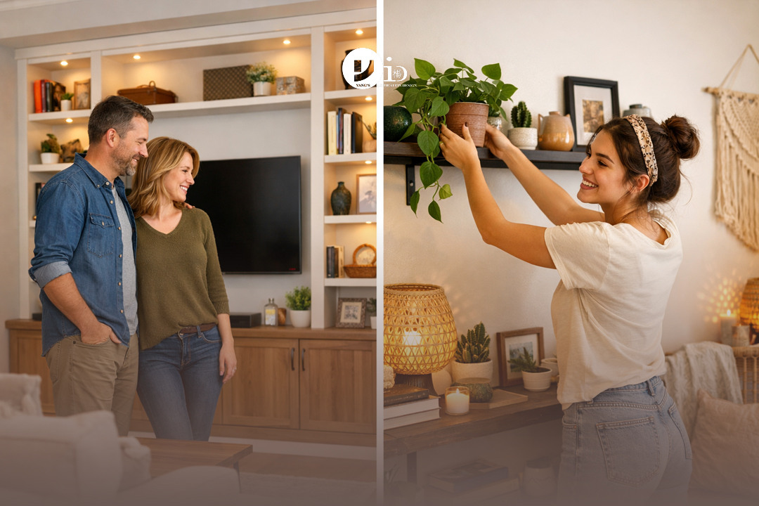 A split lifestyle image showing a couple proudly looking at their renovated condo and a young professional happily decorating their stylish apartment.