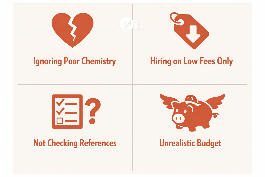 An infographic showing four common mistakes to avoid when choosing an interior designer.