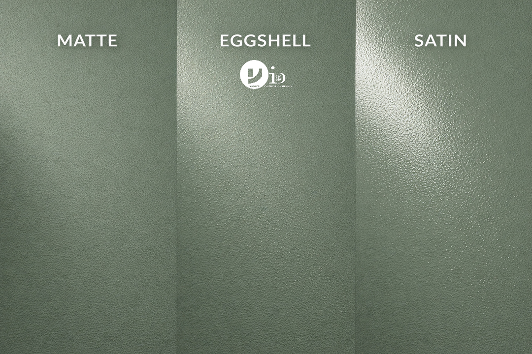 A visual comparison of matte, eggshell, and satin paint finishes on a bedroom wall.