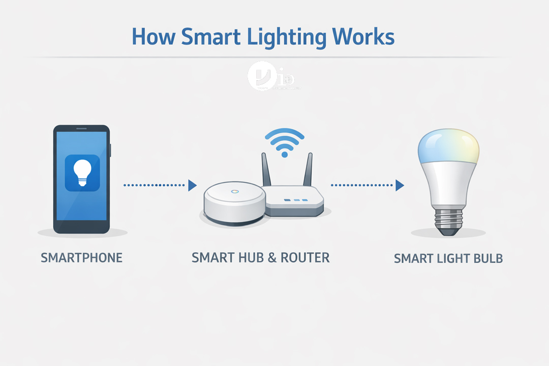 Infographic explaining how smart interior lighting works with bulbs, hub, and app.