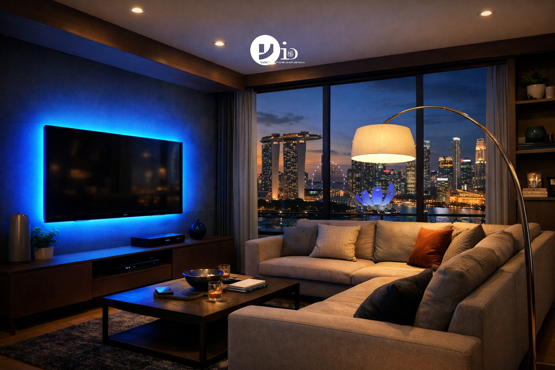 A modern Singaporean HDB living room showcasing layered smart interior lighting design.
