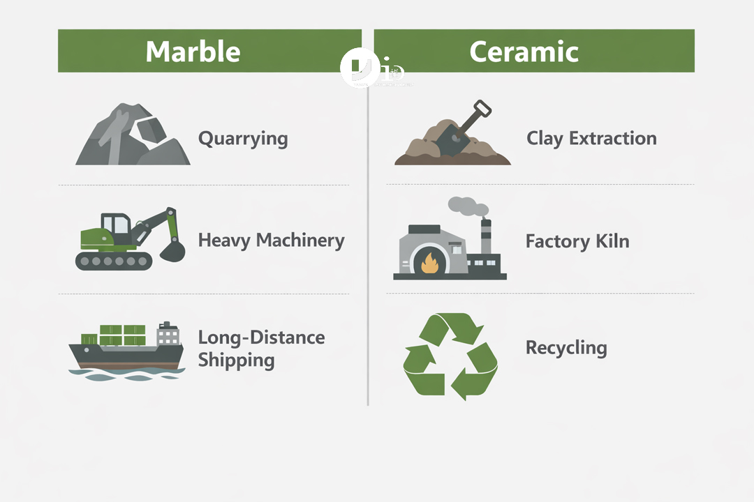 A diagram comparing the environmental impact of quarrying marble vs manufacturing ceramic tiles.