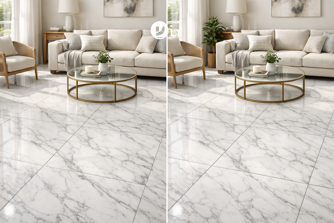 A side-by-side ceramic vs marble floor comparison in a luxury living room.