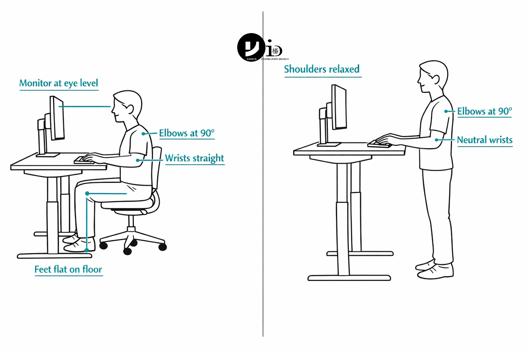 An annotated image demonstrating the correct ergonomic desk setup for both sitting and standing postures.