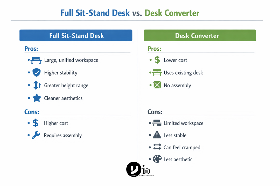 Comparison table showing the differences between a full ergonomic sit-stand desk and a standing desk converter.