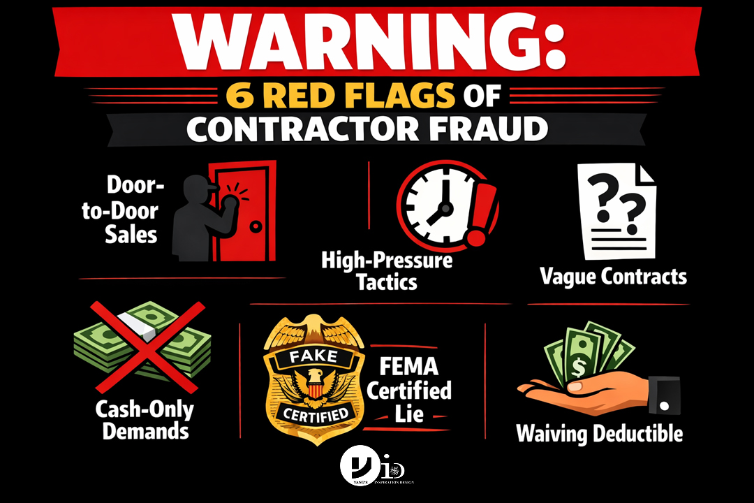 A shareable infographic listing the top red flags of contractor fraud, such as high-pressure sales and cash-only demands.