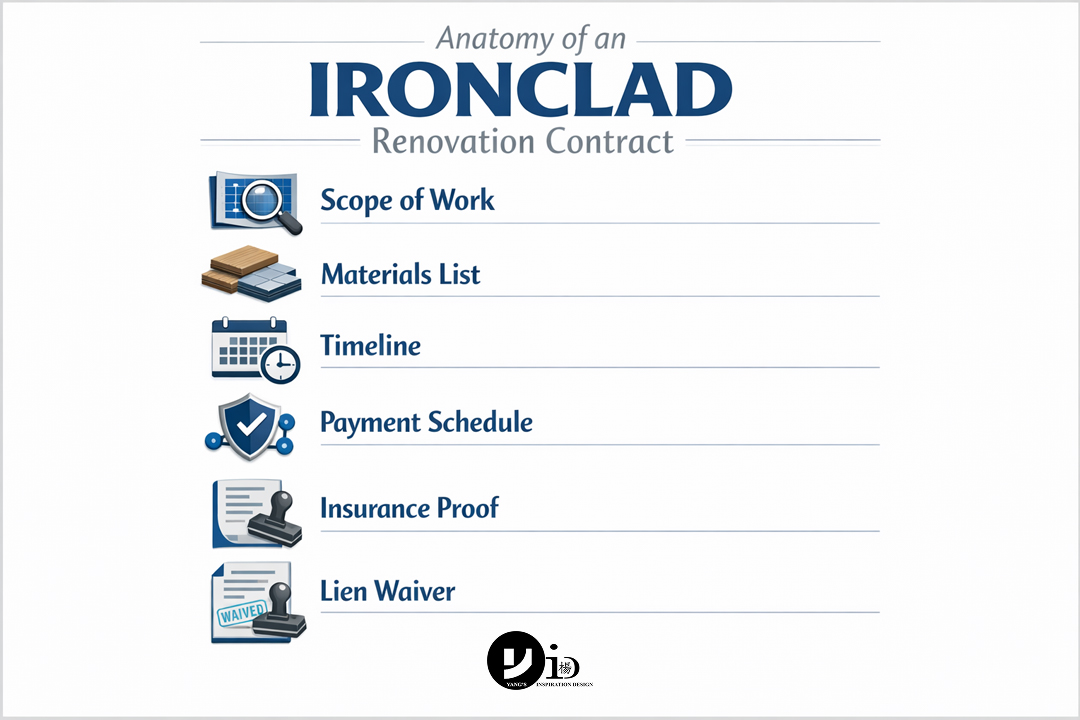 An infographic showing the key clauses to include in a contract to avoid contractor fraud.