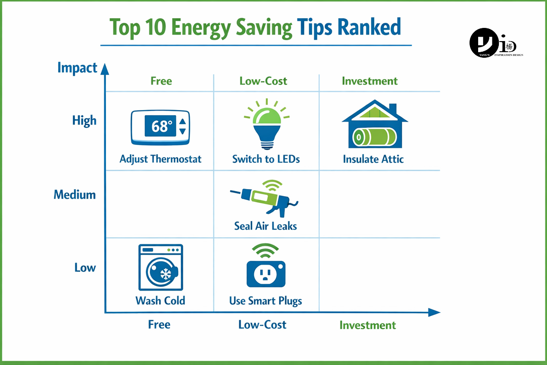 A simple infographic chart showing the top 10 energy saving tips at home, categorized by impact (high, medium, low) and cost (free, low-cost, investment).