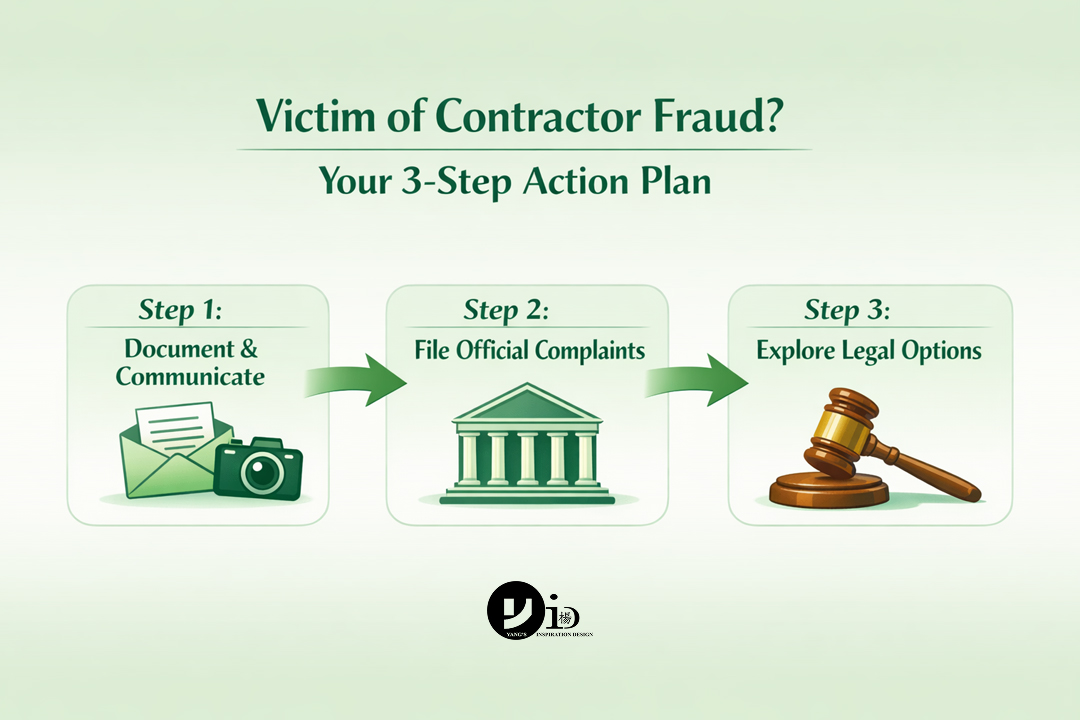 A flowchart showing the steps to take after being scammed by a contractor, providing a clear action plan.