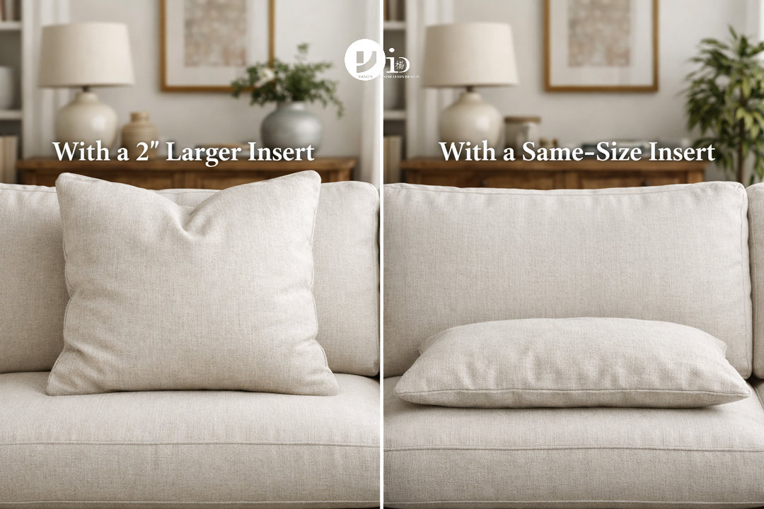A side-by-side comparison showing a plump sofa cushion with an oversized insert next to a flat cushion with a same-size insert.