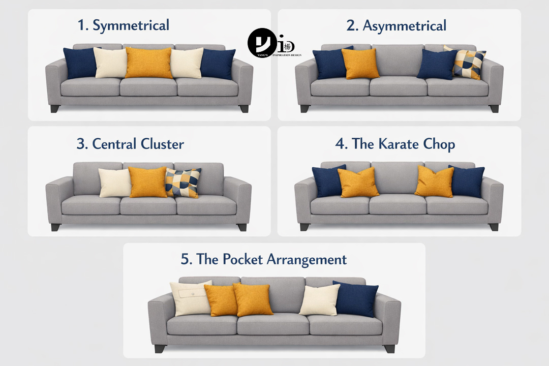 Five different sofa cushion arrangement styles shown on a neutral sofa: symmetrical, asymmetrical, central, karate chop, and pocket.