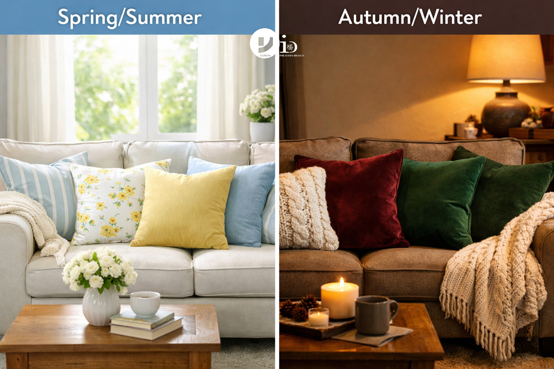A diptych showing seasonal tips for arranging living room sofa cushions, with a light summer style on the left and a cozy winter style on the right.