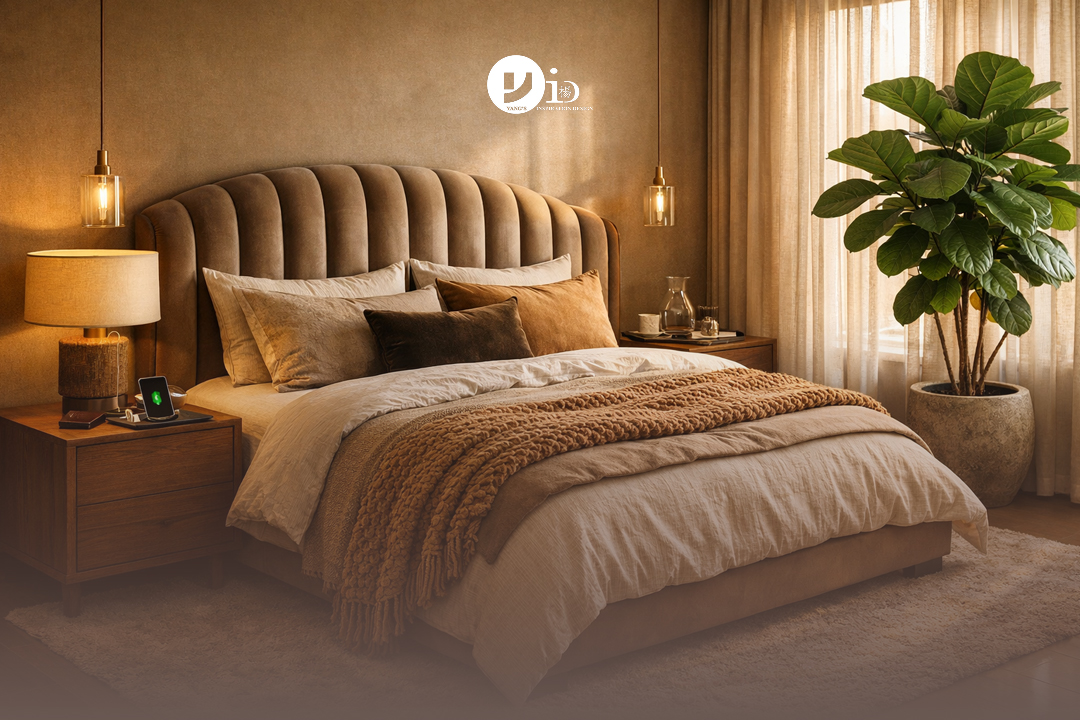 Master bedroom renovation with 2026 trends, featuring earth tones, a curved velvet headboard, and discreet smart lighting.