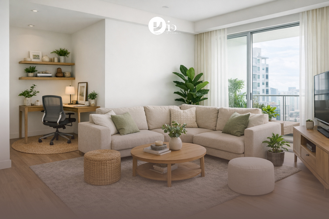 A living room using strategic zoning to create a multifunctional space with a home office corner.