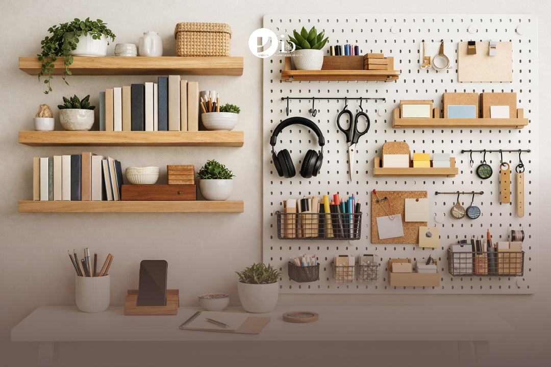 A home office nook in a multifunctional space utilizing vertical wall storage with floating shelves and a pegboard.