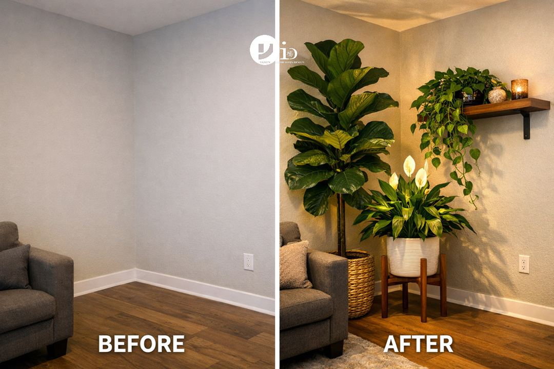 A before and after comparison of an empty room corner and the same corner styled with a lush arrangement of indoor plants.