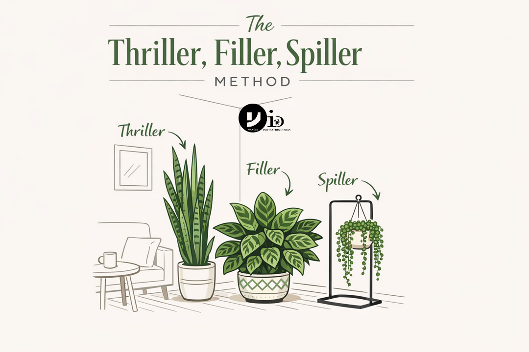 An infographic diagram explaining the "Thriller, Filler, Spiller" method for arranging corner plants.