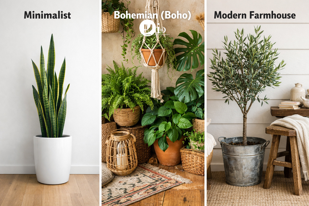 A triptych showing three different plant corner arrangements matching Minimalist, Bohemian, and Modern Farmhouse decor styles.