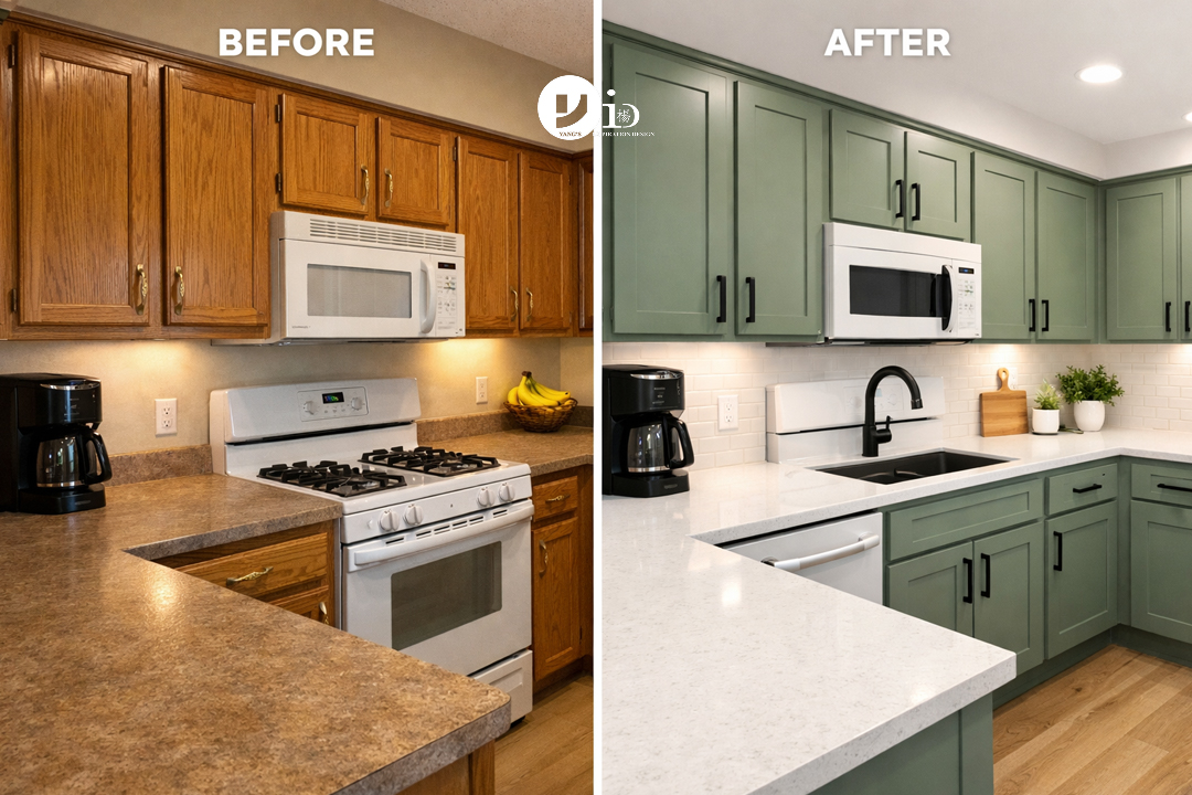 A before and after photo illustrating a simple kitchen renovation with painted cabinets and new countertops.
