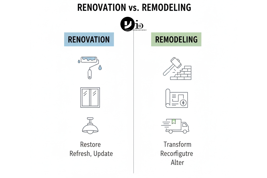 An infographic comparing the key differences between a home renovation and a remodel.