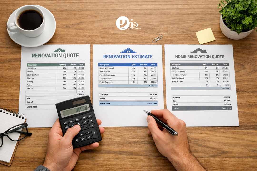 A homeowner carefully comparing three different contractor bids at a desk, highlighting key tips for working with a contractor.