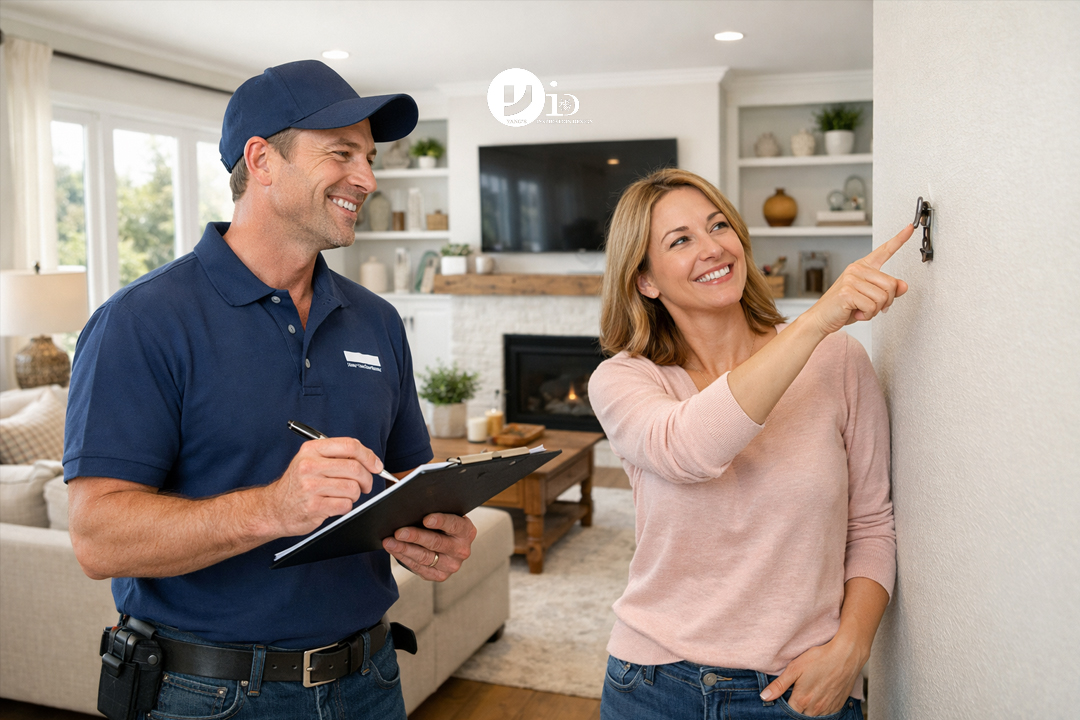 A contractor and a satisfied homeowner doing a final project walkthrough, an important tip for working with a contractor.