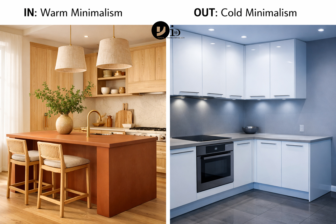 A side-by-side comparison of 2026 kitchen design trends, showing a warm minimalist kitchen next to an outdated cold minimalist one.