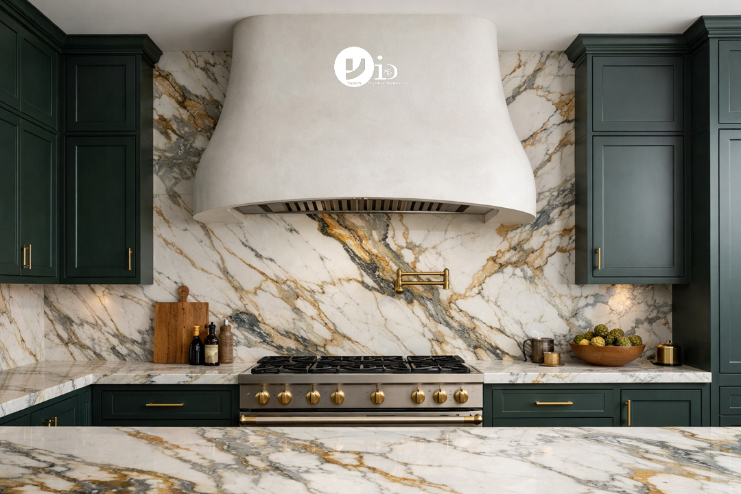 A luxurious 2026 kitchen with a full-height marble backsplash and a custom plaster range hood, highlighting key kitchen design trends.
