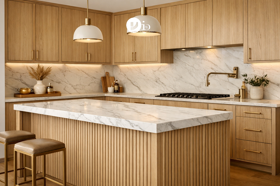 A modern 2026 kitchen featuring light White Oak cabinetry and a fluted wood island, demonstrating natural material kitchen design trends.