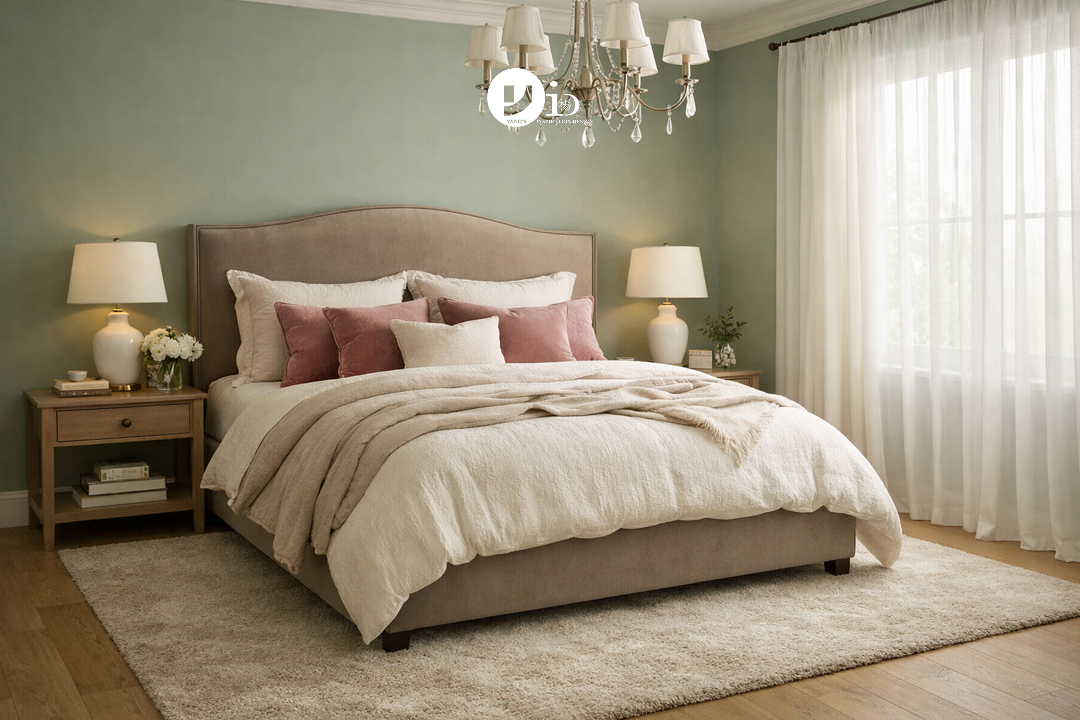 A serene bedroom with an interior color palette of sage green, taupe, and dusty rose.