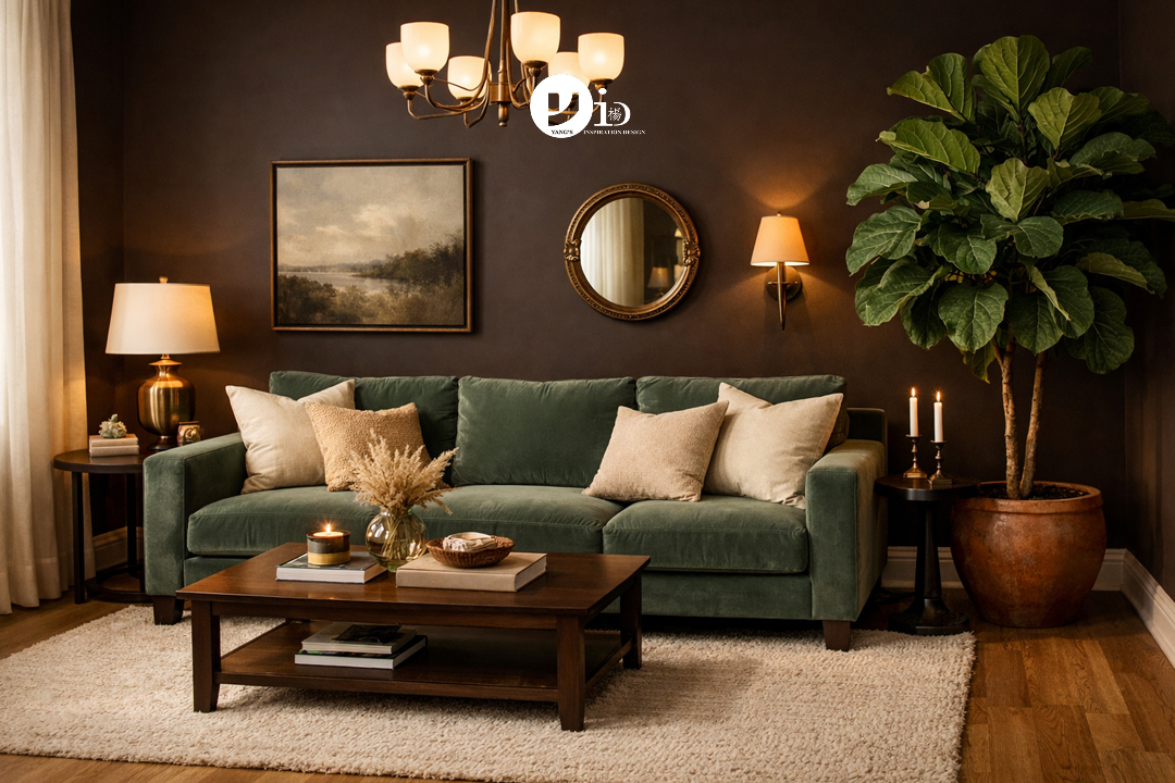 A modern living room showcasing the 2026 interior color trend of rich brown walls and soothing green accents.