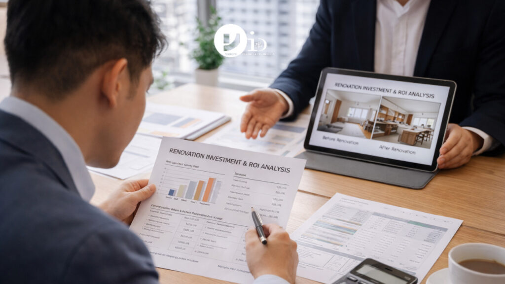 An interior designer explaining the cost breakdown of an hdb resale renovation package to a homeowner inside a resale flat.