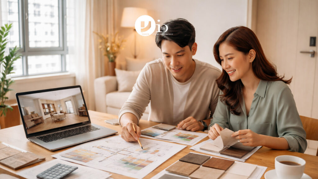 A Singaporean couple reviewing plans and material samples for their hdb resale renovation package in a warm, well-lit resale flat.