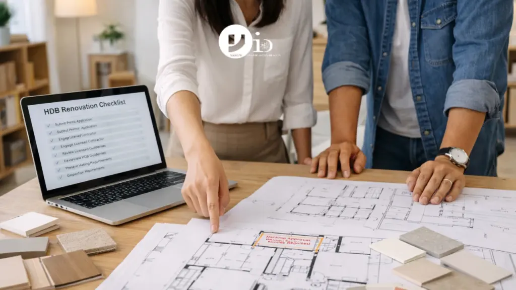 Interior designer discussing floor plan adjustments with a homeowner while reviewing HDB renovation permit requirements