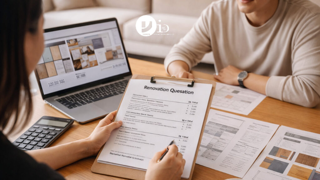 Homeowners in Singapore planning their hdb resale renovation package with floor plans and material samples on a table.