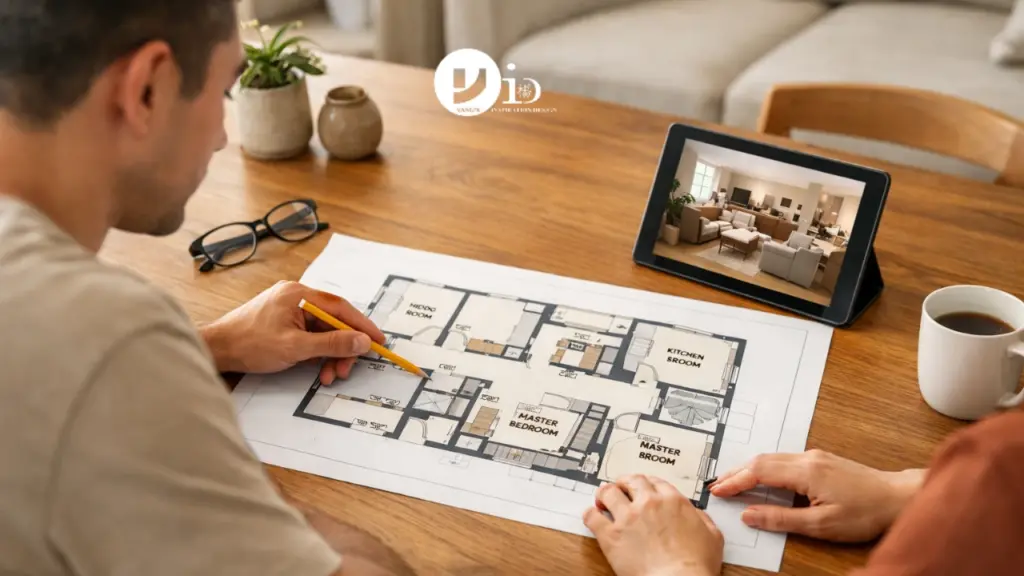 Homeowners reviewing an HDB 5 room floor plan at a dining table while planning their interior layout in a warm Singapore home setting