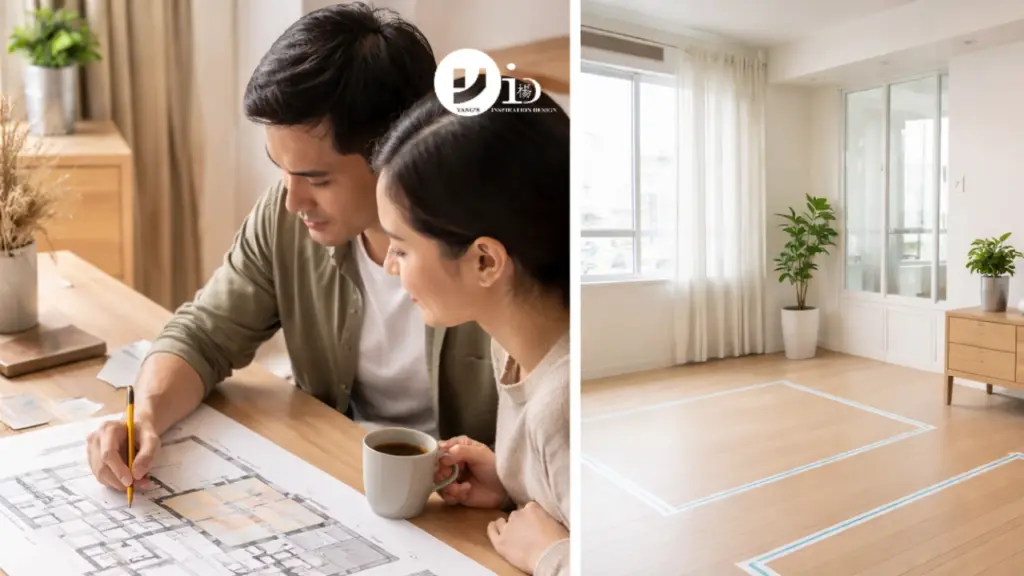 Empty HDB 5 room flat with taped floor markings to plan furniture placement based on the HDB 5 room floor plan