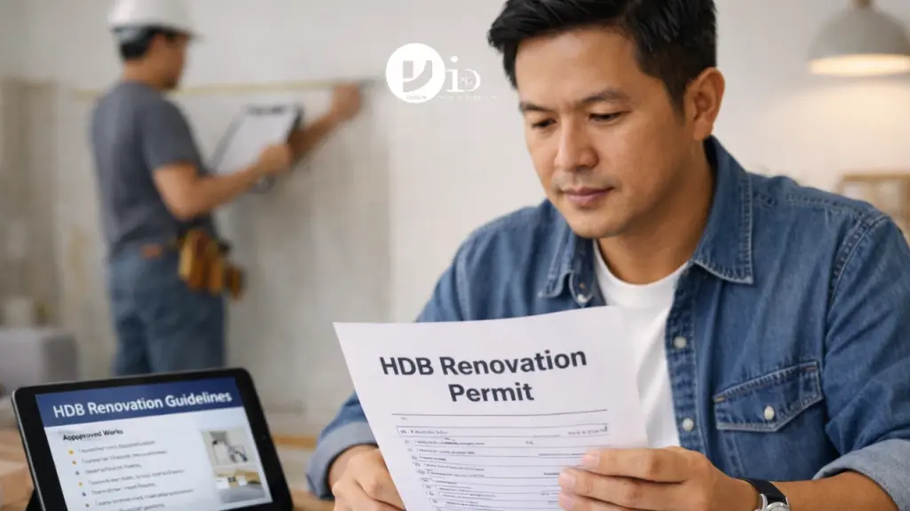 A Singapore homeowner reviewing HDB renovation permit documents while planning interior renovation work in a modern flat