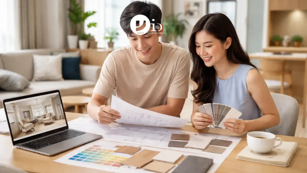 A Singaporean couple reviewing layout plans and material samples in their flat while planning their HDB interior design Singapore renovation project