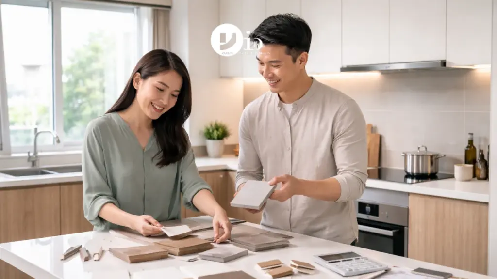 Homeowners reviewing materials and layout options for a BTO kitchen design in a modern Singapore flat with a compact and functional layout.