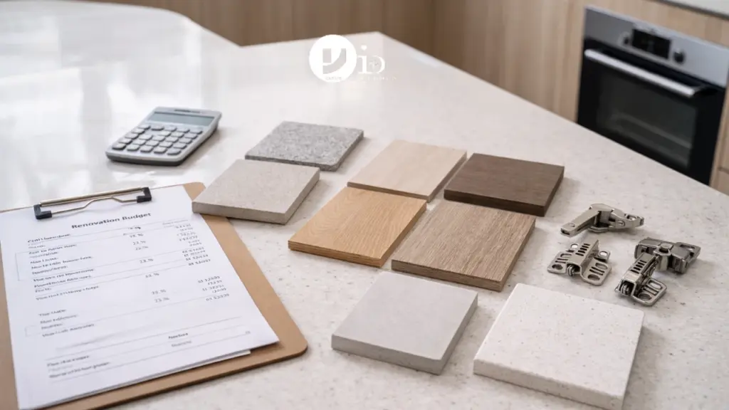 Material samples and budget sheet laid out on a countertop for comparing options in a BTO kitchen design renovation