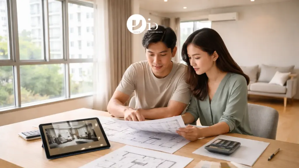 A Singaporean couple reviewing plans and costs for their BTO renovation package inside a newly completed flat with minimalist interior finishes.