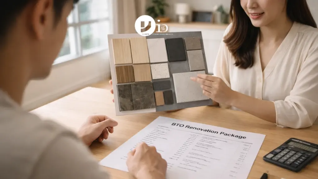 An interior designer explaining the inclusions of a BTO renovation package using material samples and a cost breakdown sheet during a consultation.