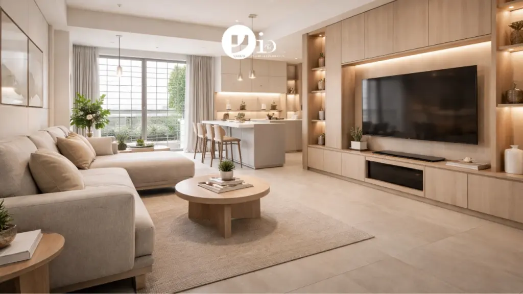 A modern open-concept living and dining space showcasing 4 room HDB renovation ideas with built-in storage and a clean contemporary interior design