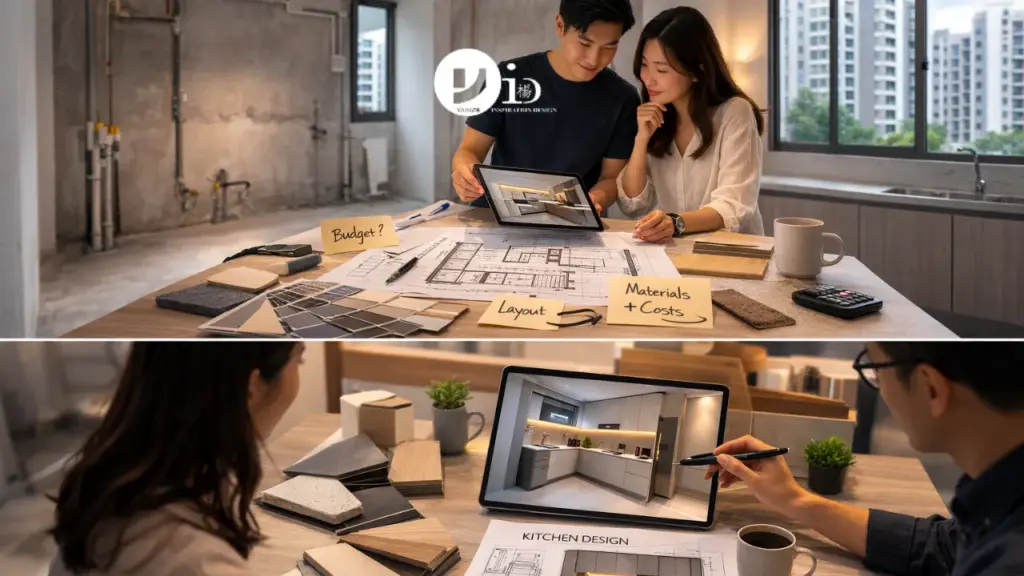 A homeowner reviewing cabinet laminates and countertop samples during a BTO kitchen renovation planning consultation.