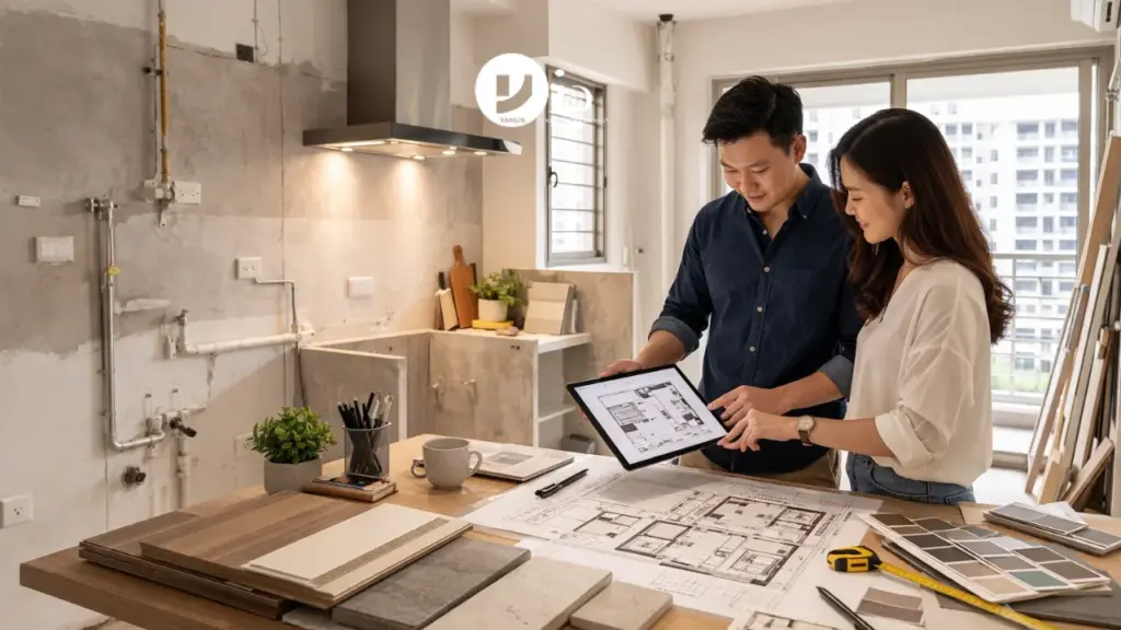 A Singaporean couple reviewing plans for their BTO kitchen renovation in a new flat while comparing layout drawings and material samples.