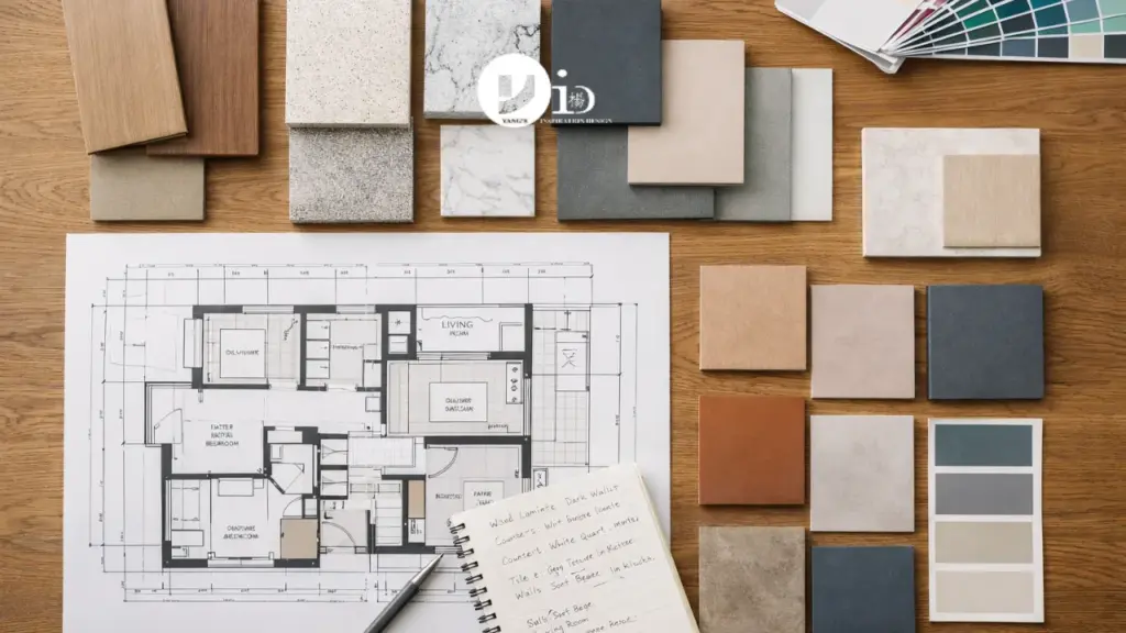 Interior design material samples and floor plans prepared for a BTO renovation 4 room project in a professional design workspace.