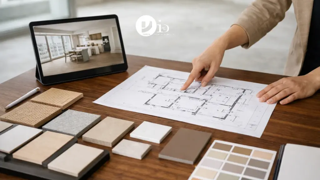 Interior designer reviewing floor plans and material samples during the BTO renovation process planning phase.